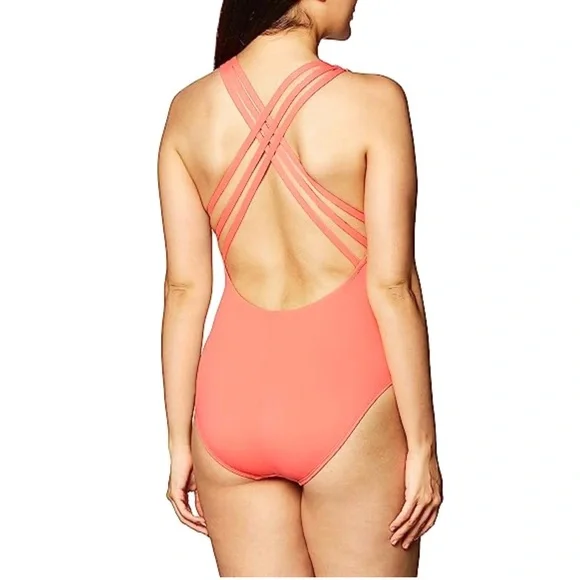 NWT La Blanca Island Goddess Criss Cross Back Strap One Piece Swim Orange Sz 14